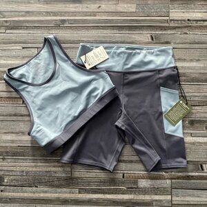 NWT PARKS PROJECT XL Matching Set Biker Short & Sports Bra Blue Gray Hiking Run